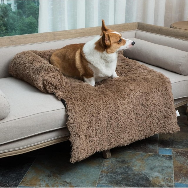 Calming Dog Bed Plush Sofa Cover Cushion with Soft Neck Bolster